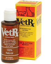 Vet RX bote para gatos, enfoque en el envase, apoyo potencial para molestias respiratorias.