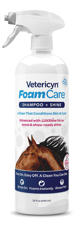 Vetericyn champú espumoso para caballos, frente del envase, limpieza suave y pelaje brillante.
