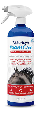 Vetericyn FoamCare Equino: botella de champú medicado para limpieza suave del pelaje.