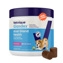 Vetnique Glandex: chucherías sabor tocino en frasco frontal para apoyar la digestión