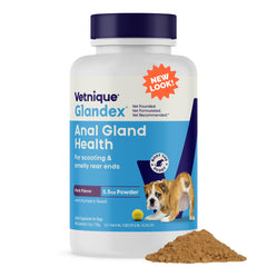 Glandex de Vetnique, polvo en envase para apoyar la salud de glándulas anales de tu perro.