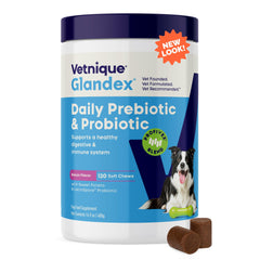 Glandex de Vetnique, masticables sabor bacon para perros que apoyan la salud intestinal diaria.