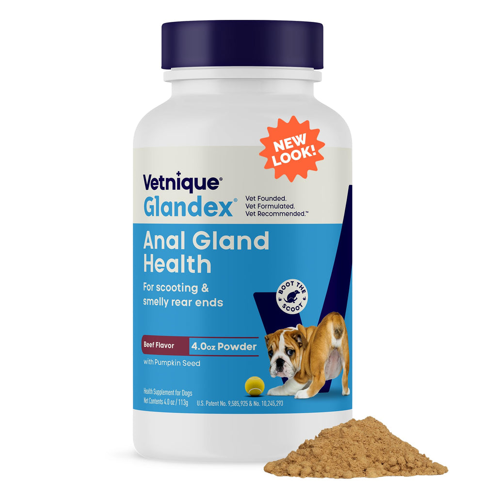 Vetnique Glandex polvo para glándulas anales con calabaza y apoyo digestivo.