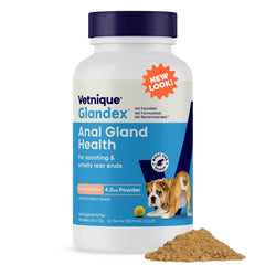 Vetnique Glandex: polvo para glándulas anal en salmón, apoyo al vaciado natural.