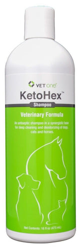 Vet One KetoHex champú para perros y gatos: botella, limpieza suave y antibacteriana.
