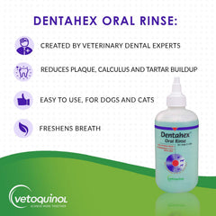 Dentahex de Vetoquinol, respiro fresco para mascotas, uso diario para aliento más agradable.