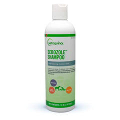 Vetoquinol Sebozole Champú botella: fórmula con Miconazol y Cloroxilenol para mascotas.