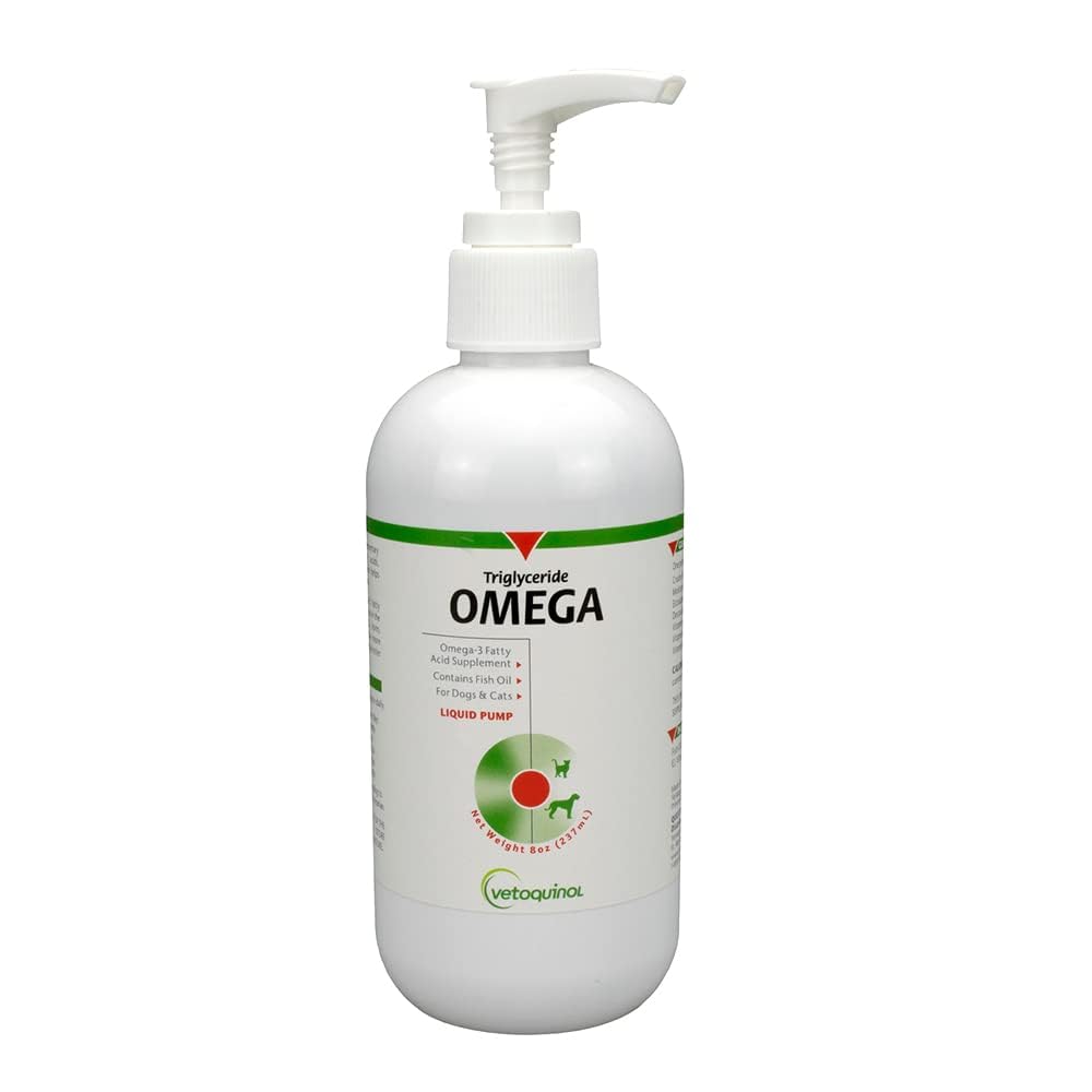 Vetoquinol Triglyceride Omega-3 en botella para perros y gatos, apoya piel sana y pelaje brillante.