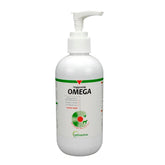 Vetoquinol Triglyceride Omega-3 en botella para perros y gatos, apoya piel sana y pelaje brillante.