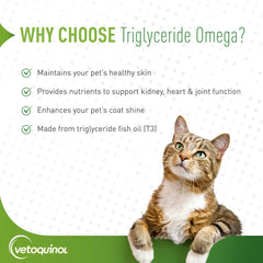 Vetoquinol Triglyceride Omega-3 aceite de pescado del Atlántico, fuente natural de EPA y DHA.