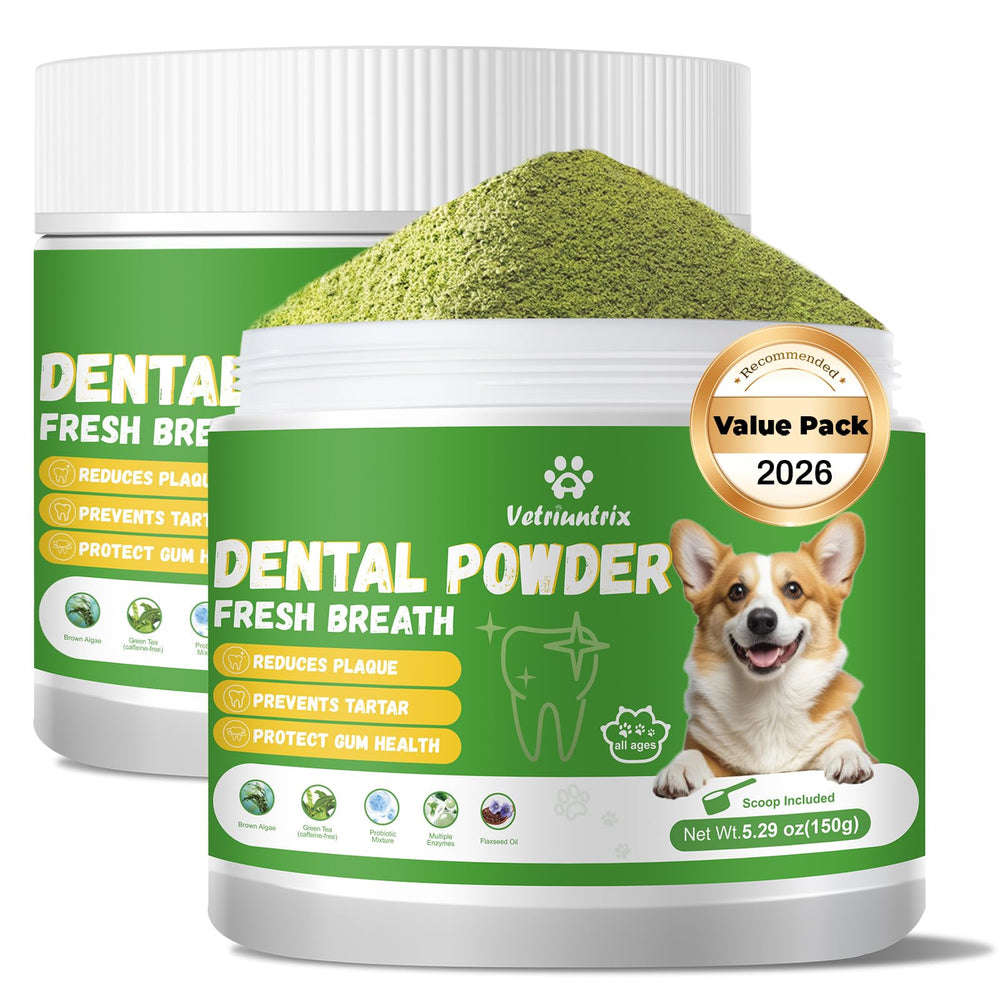 Vetriuntrix Polvo Dental para Perros, frasco vertido, mejora frescura bucal diaria.