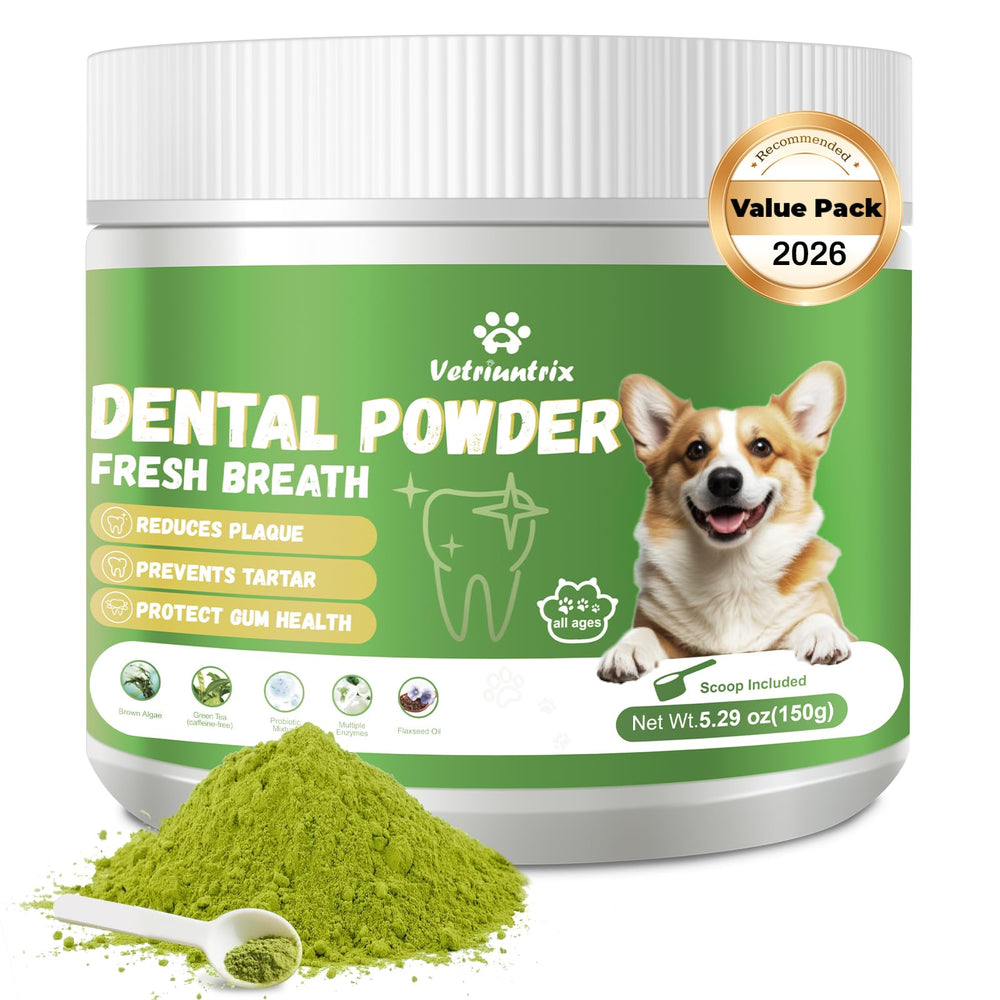 Vetriuntrix polvo dental para perros, envase de 150 g, limpieza suave de dientes.