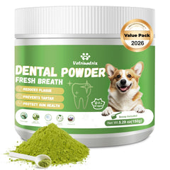 Vetriuntrix polvo dental para perros, envase de 150 g, limpieza suave de dientes.