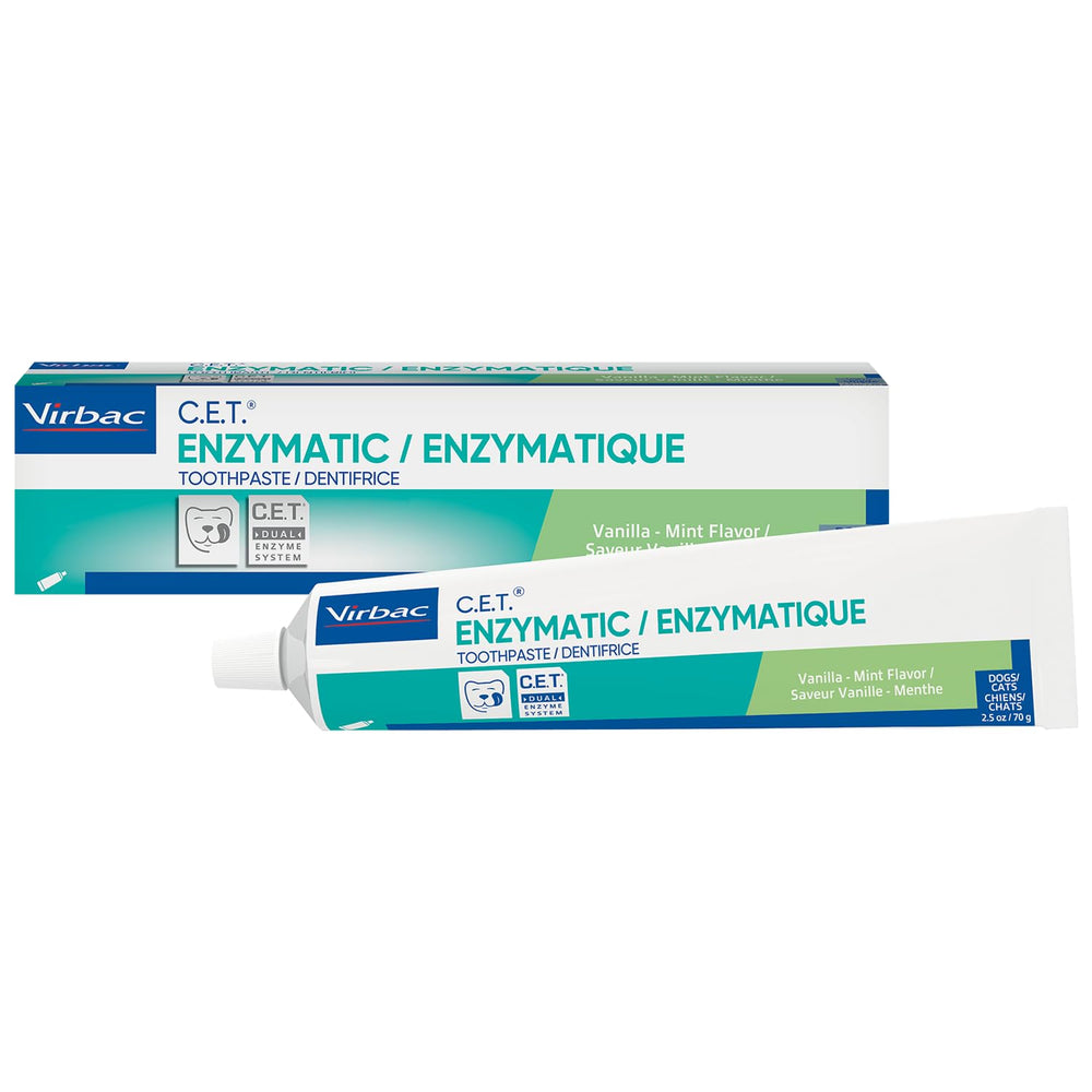 Virbac C.E.T. pasta dental enzimática Vanilla Mint en tubo para aliento fresco.