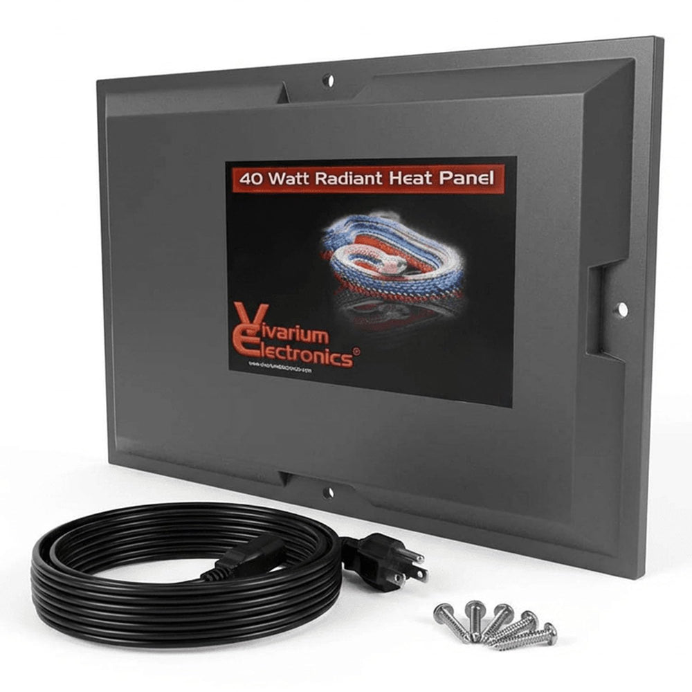 Panel calor-radiante-40w de Vivarium Electronics montado para terrario; calor estable para reptiles.