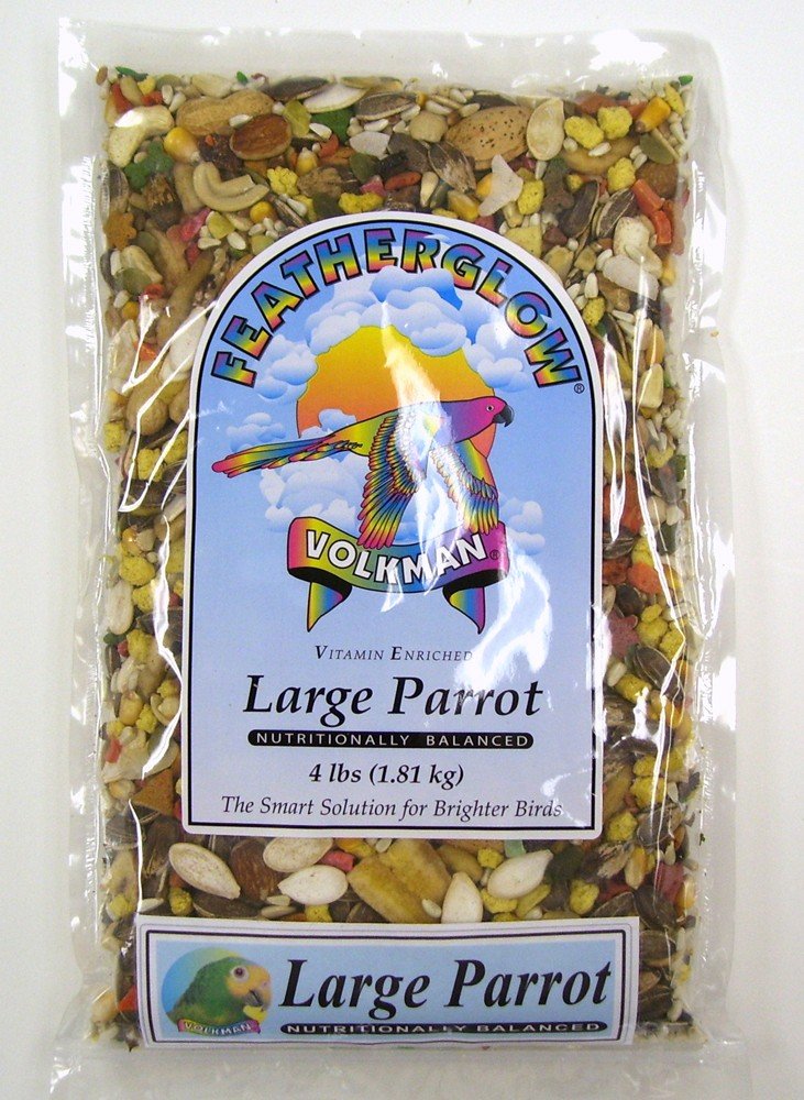 Volkman Featherglow, mezcla para aves grandes, ideal para variada dieta y entretenimiento al comer.