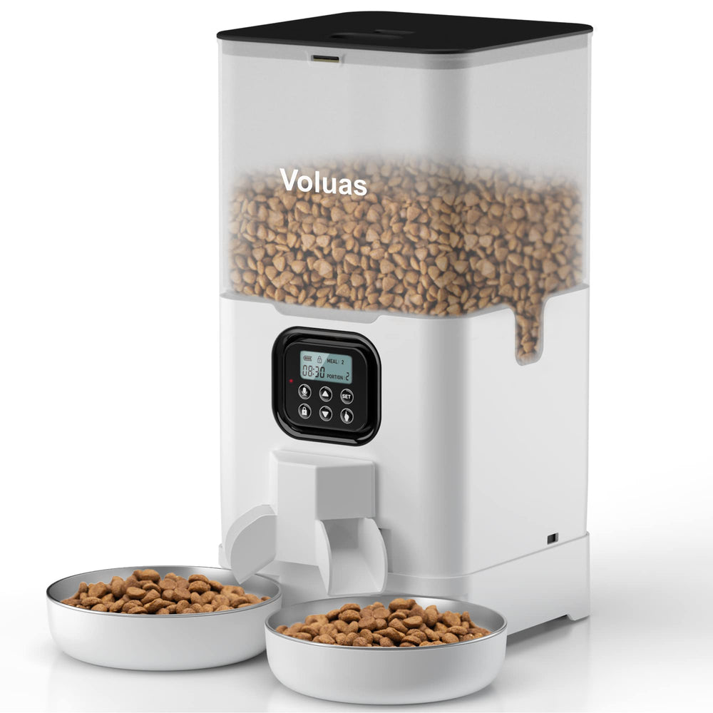 Voluas comedero automático para dos gatos con capacidad de 6L para horarios estables.