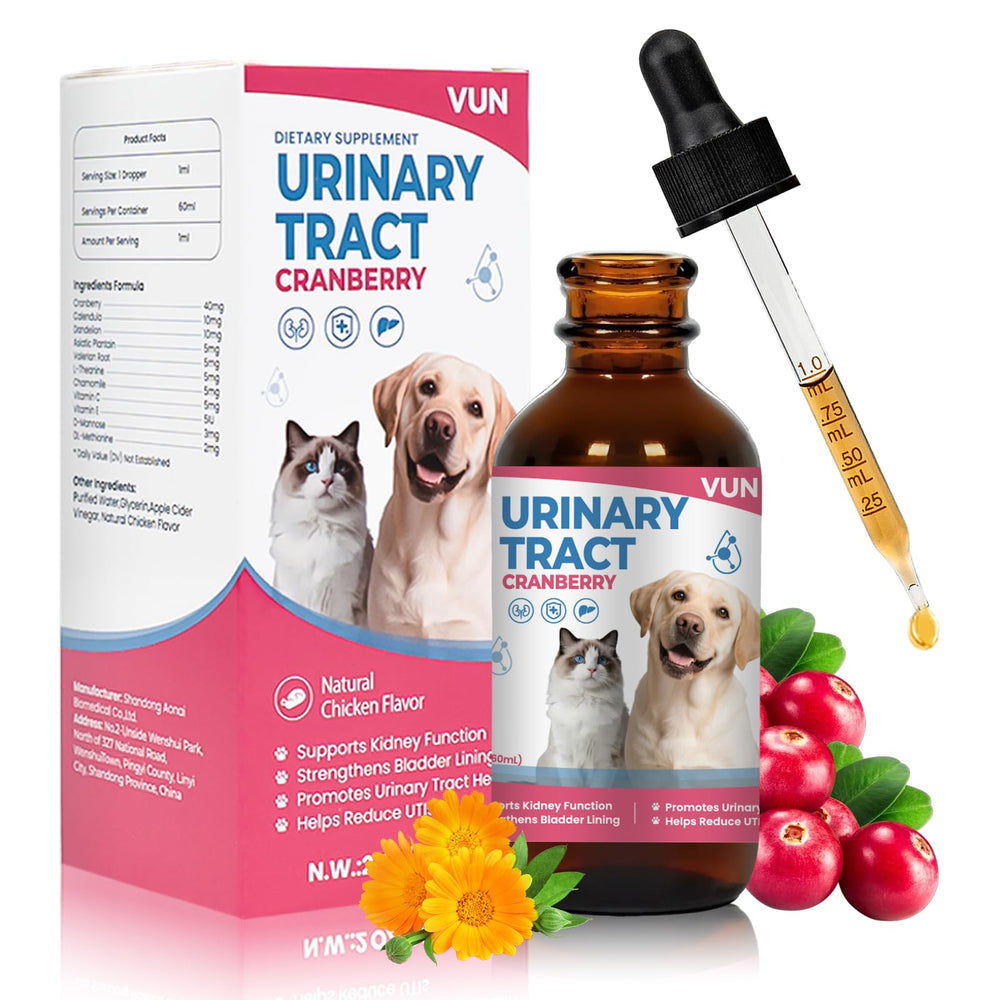 Botella de VUN con gotero para cuidado urinario de perros y gatos.