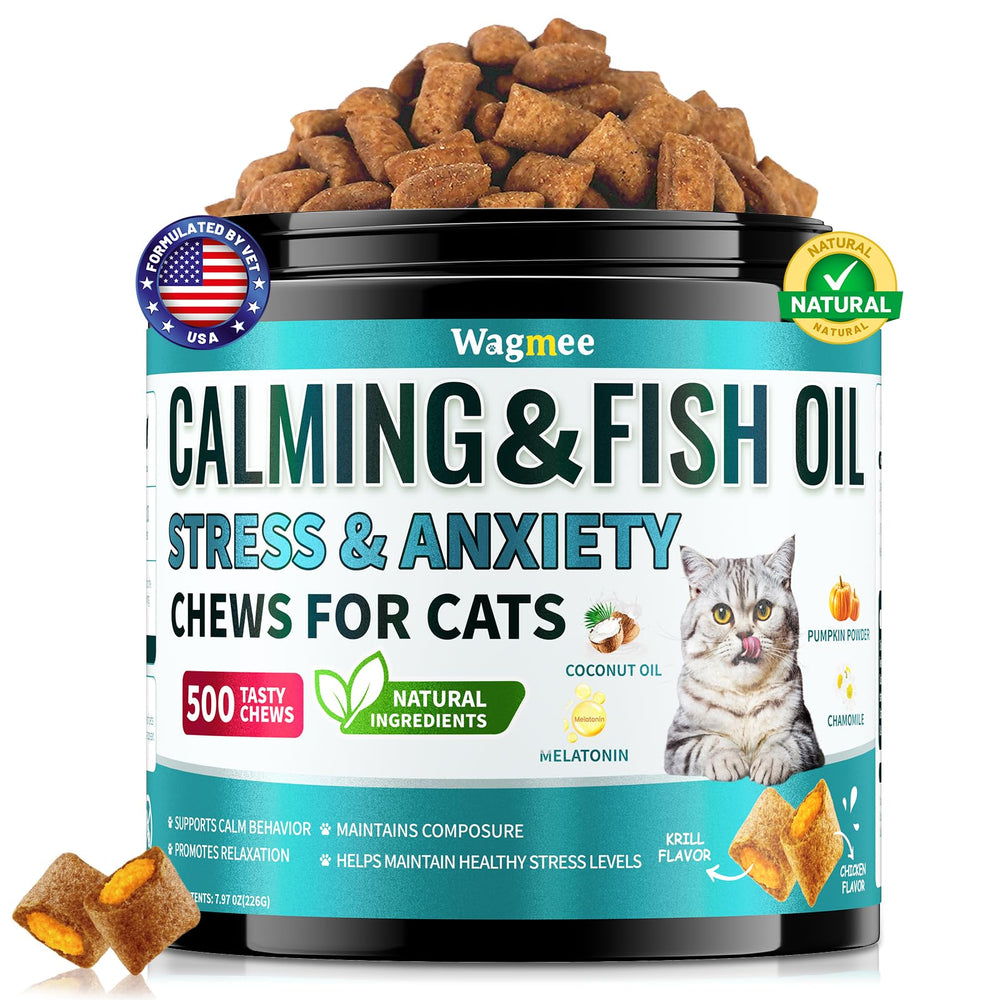 Golosinas calmantes Wagmee para gatos en frasco, promueven tranquilidad diaria.