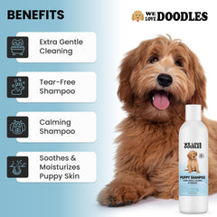 We Love Doodles champú, sin lágrimas, baño cómodo para cachorros curiosos.