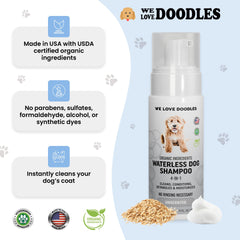 Aplicación rápida con We Love Doodles champú seco para perros