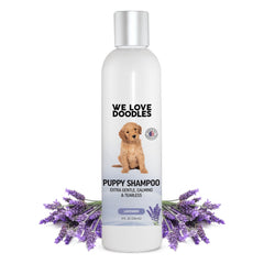 We Love Doodles Puppy Shampoo botella frontal con lavanda suave para relajación durante el baño