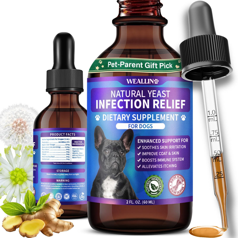 WEALLIN Gotas probióticas para perro: frasco claro, promueve equilibrio de la piel.