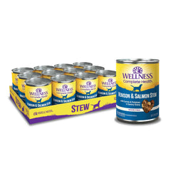Wellness lata perro ciervo-salmon estofado grueso ofrece comida completa y sabrosa.