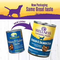 Wellness lata perro ciervo-salmon patatas zanahorias estofado con textura gruesa.
