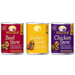 Wellness paquete perros estofado sin granos trio ofrece variedad de sabores.