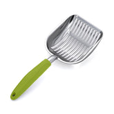 WePet cucharón para arena de gatos con aluminio pulido y mango verde, uso diario.