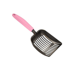 WePet pala para arena de gato con cuerpo negro y mango rosa, cómodo manejo.