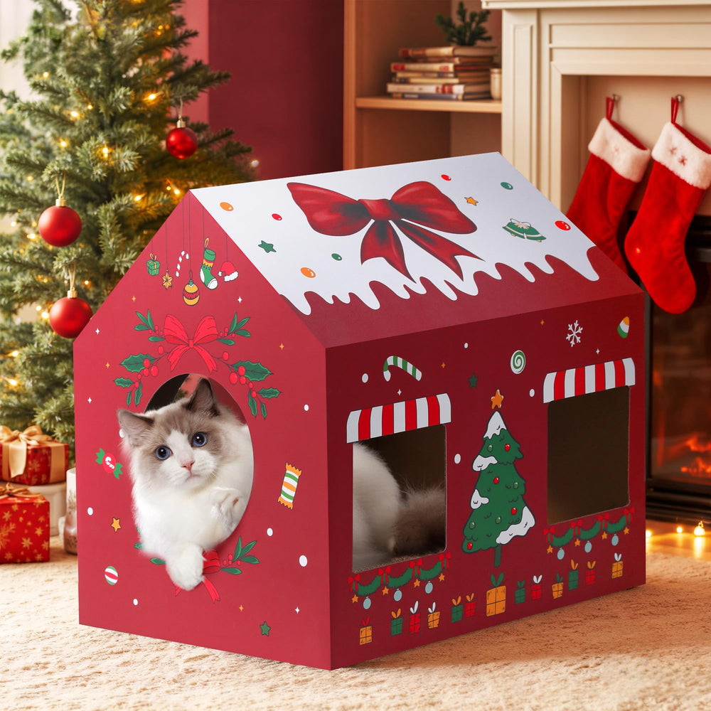 WESTERN HOME: casa de gatos cartón navidad con frente abierto para acceso fácil.