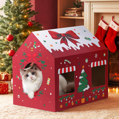 WESTERN HOME: casa de gatos cartón navidad con frente abierto para acceso fácil.
