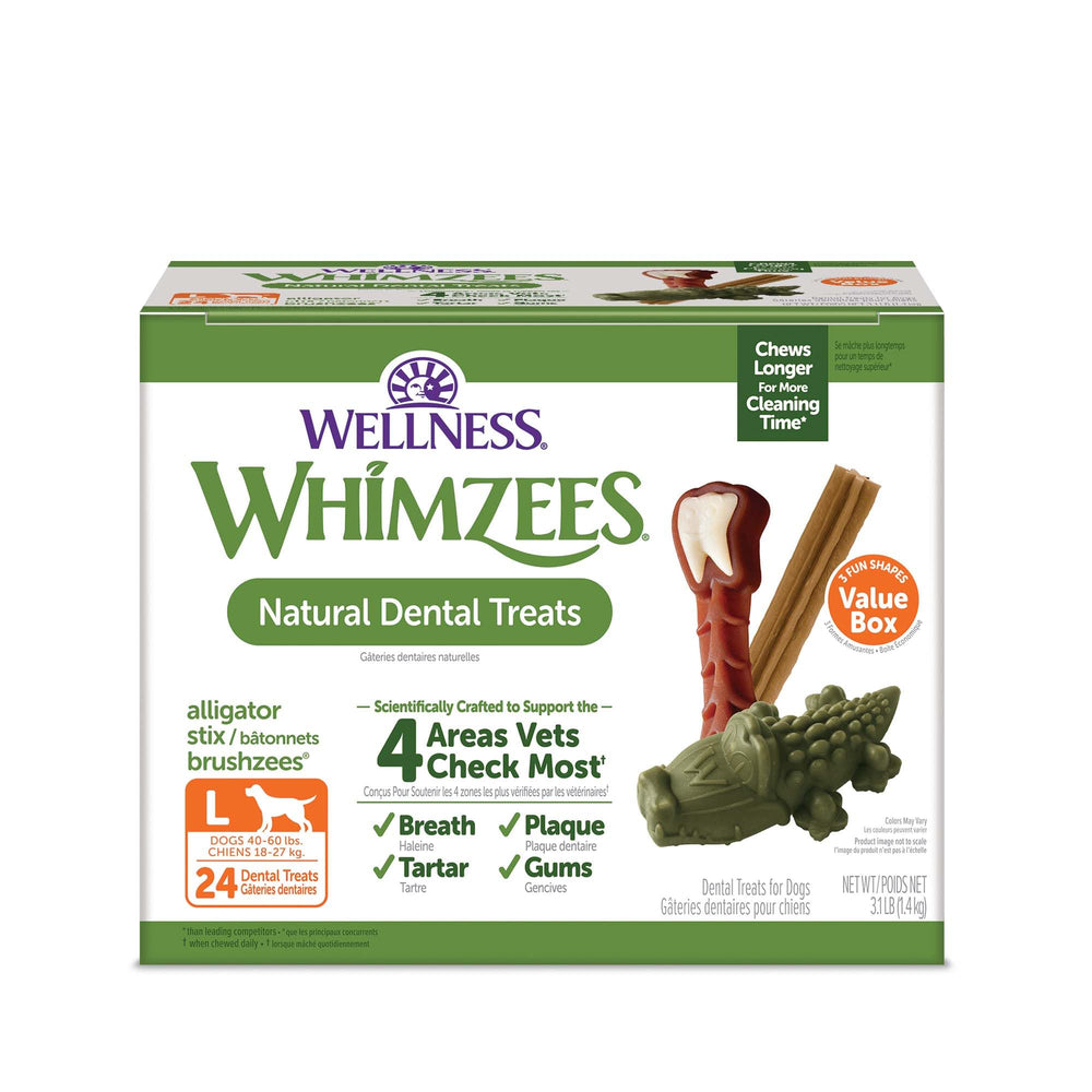 Whimzees Wellness Box frente del empaque, ideal para limpieza dental diaria.