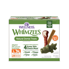 Whimzees Wellness Box frente del empaque, ideal para limpieza dental diaria.