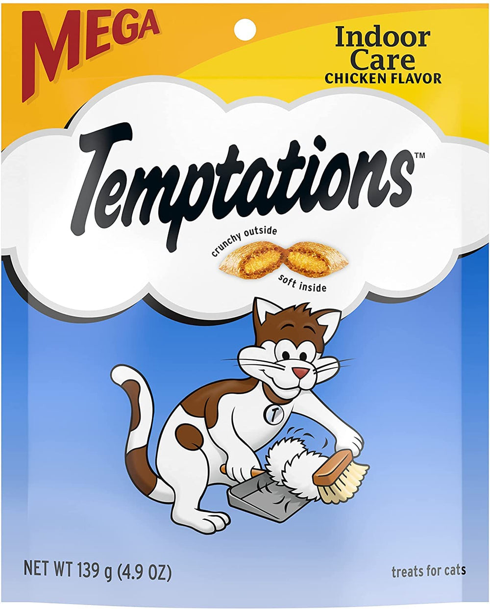 Whiskas Temptations Indoor Care Pollo, bolsa de 4.9 oz, premio para gatos de interior.