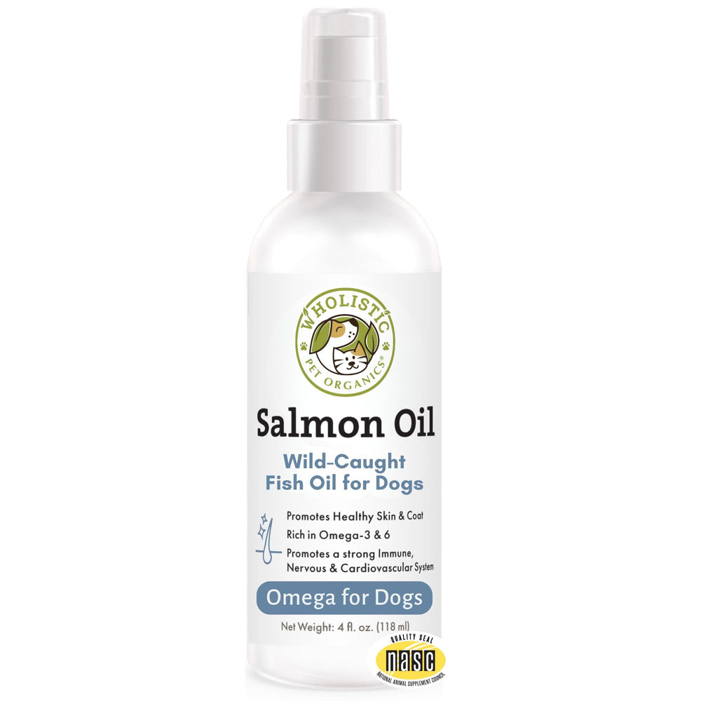 Wholistic Pet Organics aceite salmon, botella frontal, piel sana y pelaje brillante.