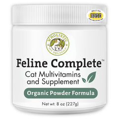 Wholistic Pet Organics Feline Complete en frasco de 8 onzas, facilita la administración diaria