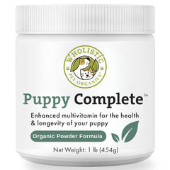 Wholistic Puppy Complete polvo cachorro: apoyo nutricional para cachorros activos y crecimiento saludable.