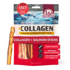 Wild Eats palitos de salmón con colágeno para perros, posible mejora digestiva.