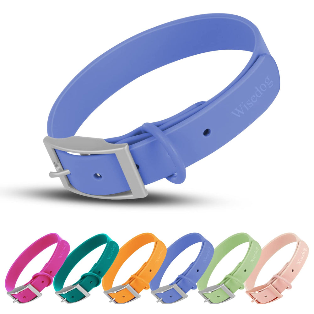 Collar Wisedog impermeable en azul, ideal para paseos en lluvia y barro.