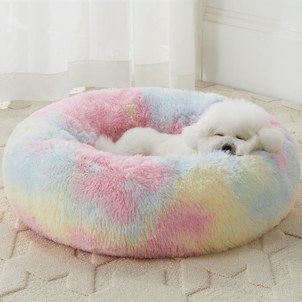 Cama donut arcoíris de WNPETHOME para descanso cálido y reconfortante.
