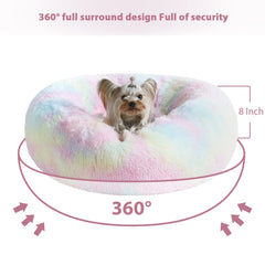 Tejido de felpa suave WNPETHOME en cama donut arcoíris para siesta tranquila.