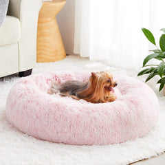 WNPETHOME cama donut rosada con peluche, descanso suave para mascotas.