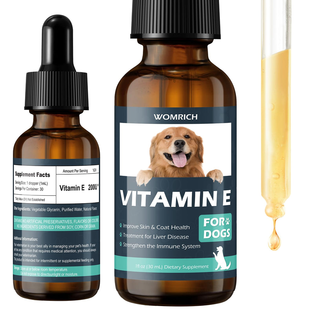 Botella de WOMRICH Vitamina E para Perros de 30 ml mejora piel y pelaje.