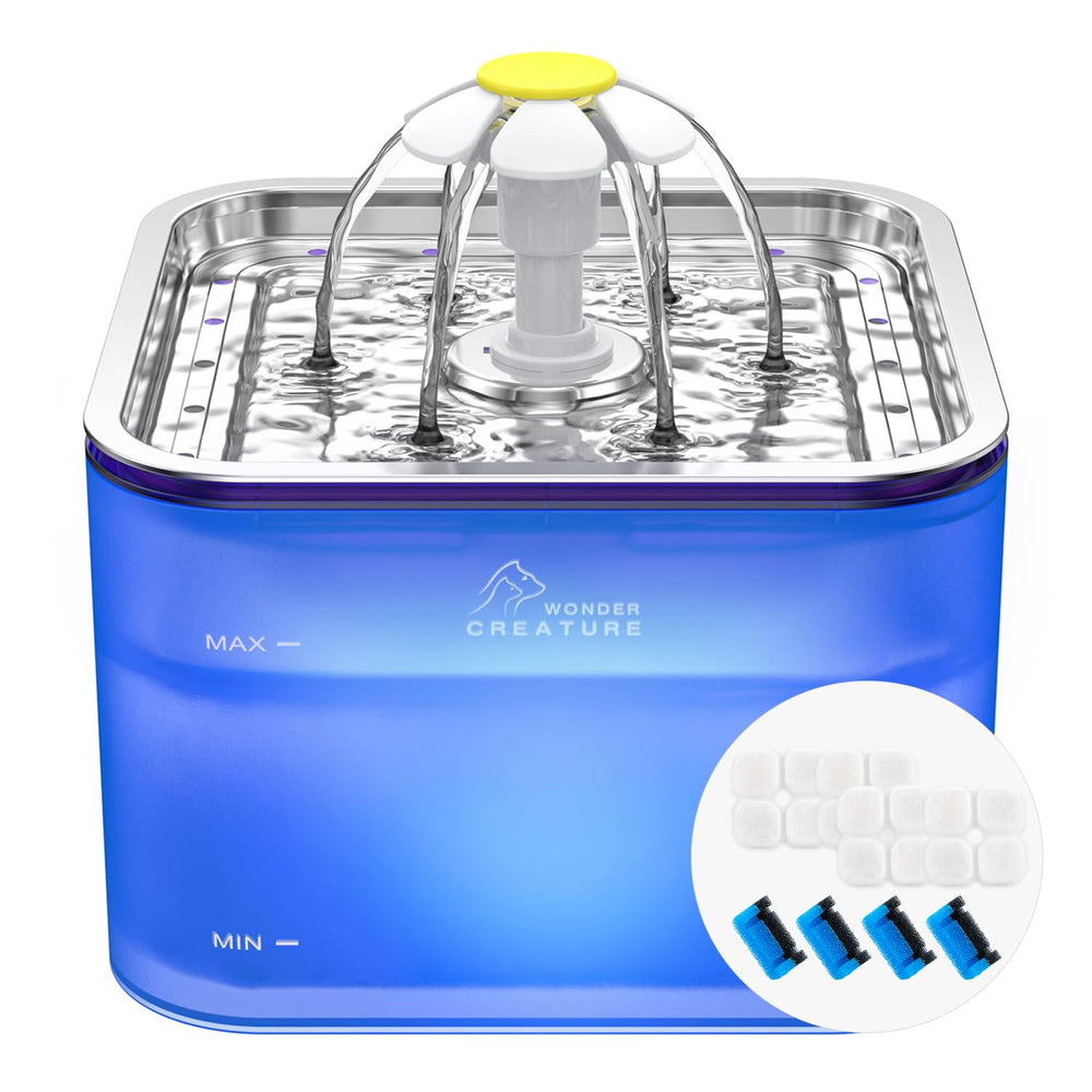 Wonder Creature fuente cristal para gatos: tapa de acero inoxidable, fácil limpieza y durabilidad.