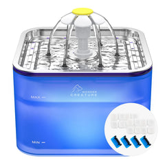 Wonder Creature fuente cristal para gatos: tapa de acero inoxidable, fácil limpieza y durabilidad.
