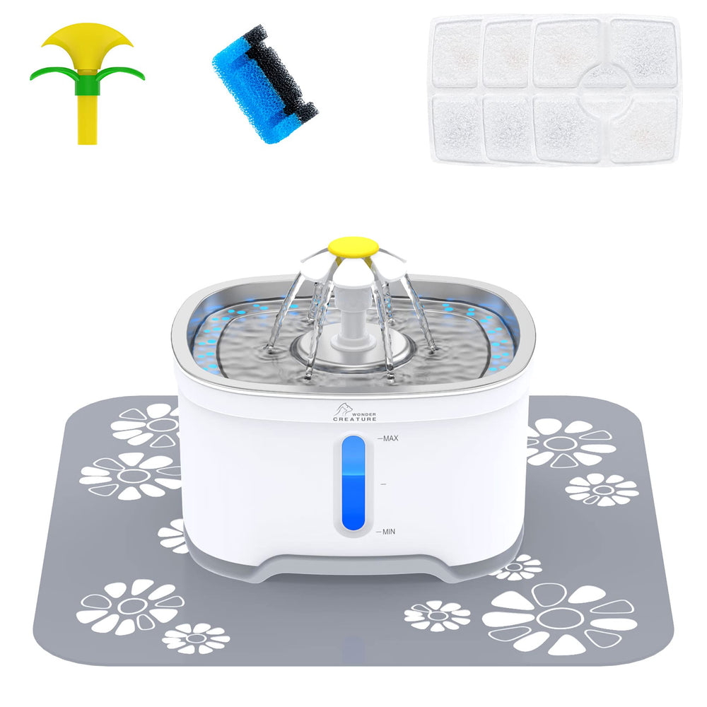 Wonder Creature fuente para gatos en acero inoxidable 84oz, segura y duradera para beber diario.