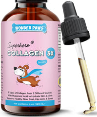 Wonder Paws colágeno para perros, botella derramando, soporte articular